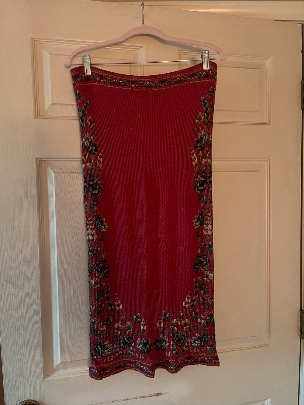 Farm Rio for Anthropologie Red Floral-Trim Knit Maxi Skirt